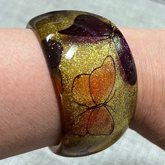Vintage Lucite Rare 70’s Boho Asymmetrical Organic Butterfly Glitter Bangle - Picture 7 of 13